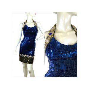 Sequin mini halter dress with jewels blue and gold by Alyce Designs Size XS/S